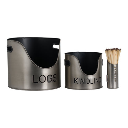 Pewter Finish Logs And Kindling Buckets & Matchstick Holder