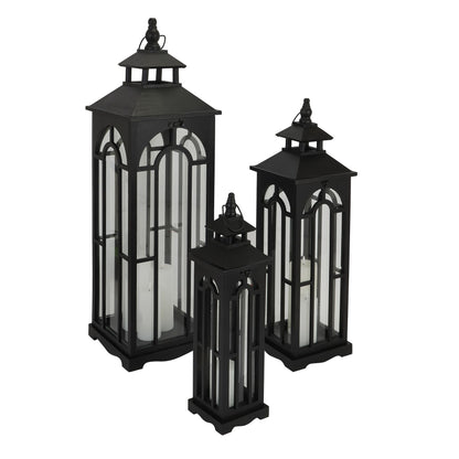 Set Of Three Black Wooden Lanterns With Archway Design